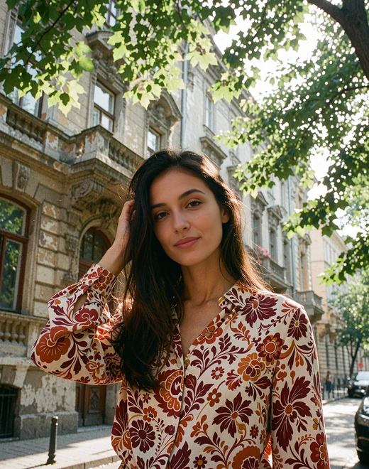 Romanian woman with long dark hair on a leafy Bucharest boulevard