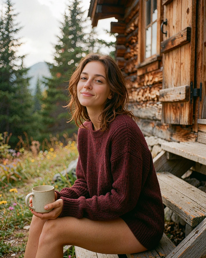 Verified Bulgarian member profile photo of a woman in a burgundy jumper seated on mountain cabin steps