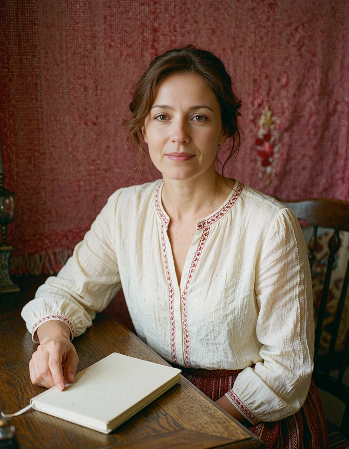 SlavicFlirt editorial team member in a cream embroidered blouse working at a wooden writing desk