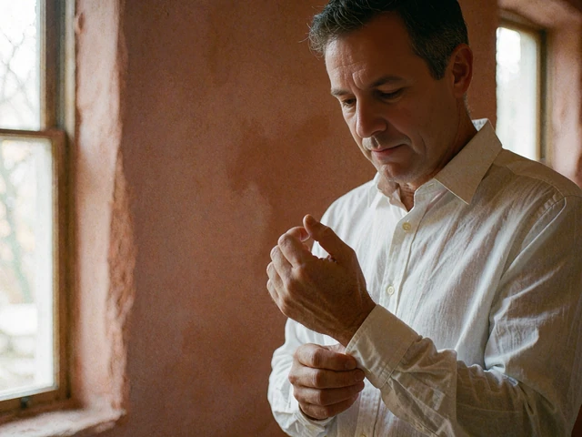 Man in a white shirt adjusting his cuff in front of a mirror while getting ready
