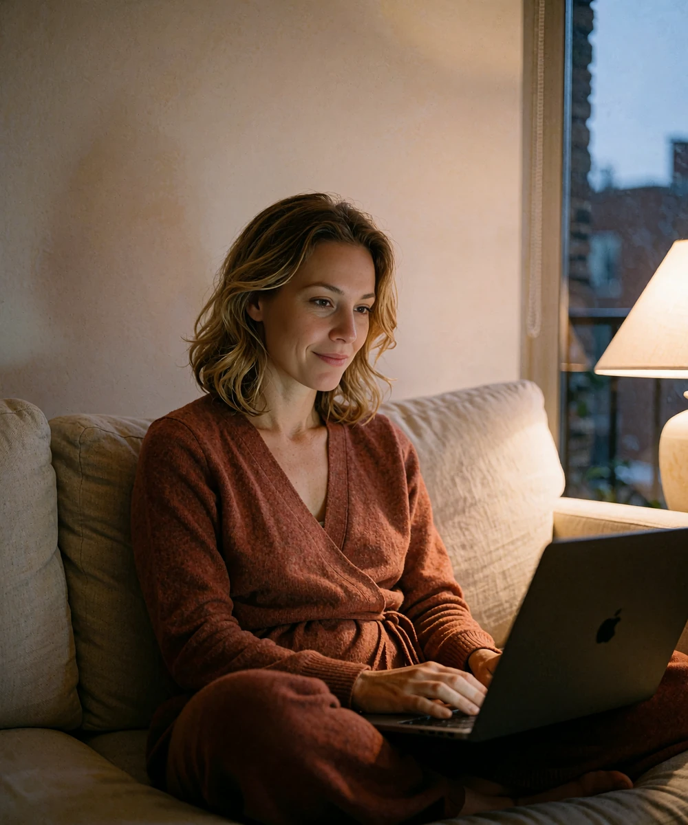 Woman in a rust wrap cardigan on a cream sofa during a warm late-evening video call