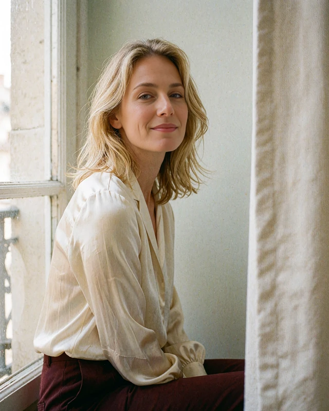 Verified member profile photo of a blonde Polish woman in an ivory silk blouse beside an apartment window