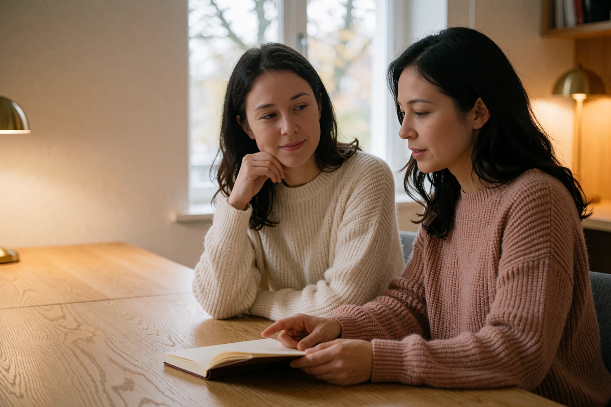 Two colleagues reviewing profile moderation notes together at a light oak desk in a modern office