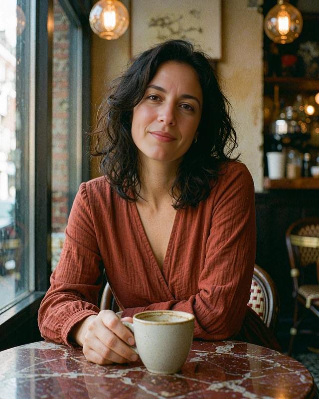 Verified member profile photo of a dark-haired Czech woman sitting at a marble cafe table