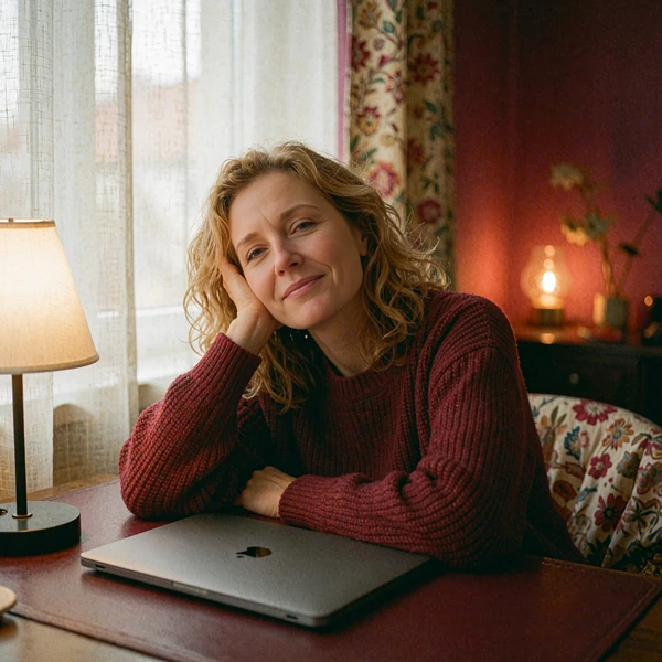 Woman with wavy honey-blonde hair resting her cheek on her hand at a home desk late in the evening