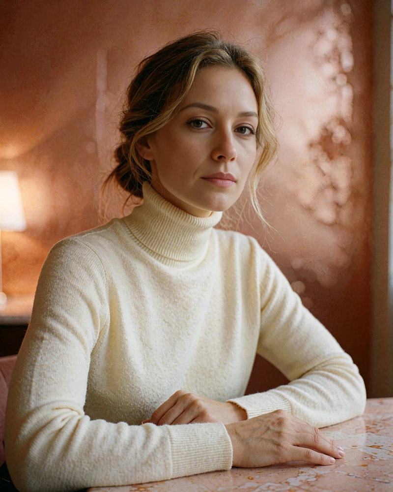 Verified Belarusian member profile photo of a light-brown-haired woman in a cream turtleneck seated indoors