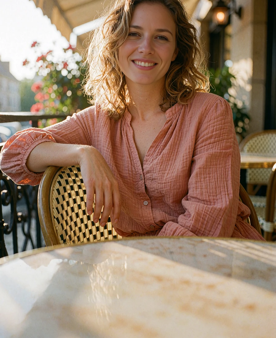 Woman in a rose blouse smiling on a café terrace in warm late-day light