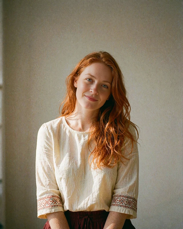 Verified member profile photo of a copper-haired Hungarian woman in a cream blouse with folk stitching