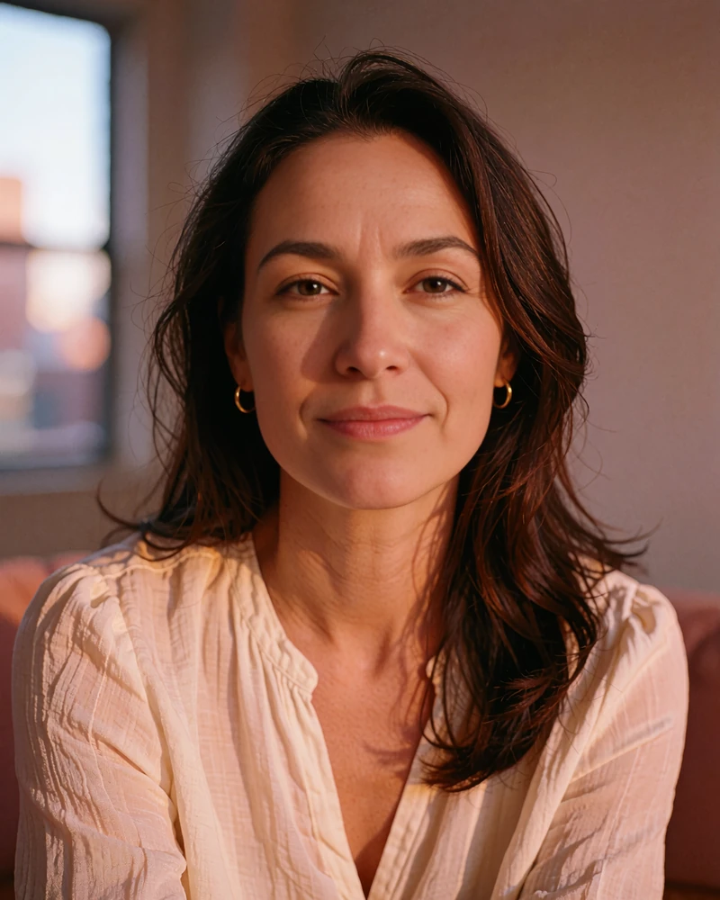 Verified Czech member profile photo of a dark-haired woman in an ivory blouse with a calm friendly smile