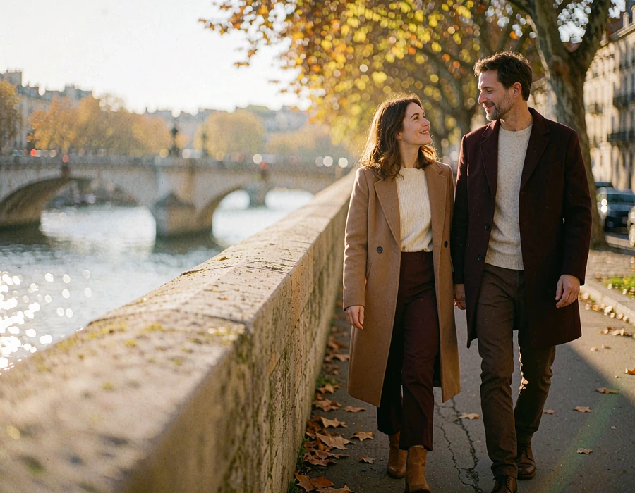 Couple walking together along a European riverside promenade at golden hour