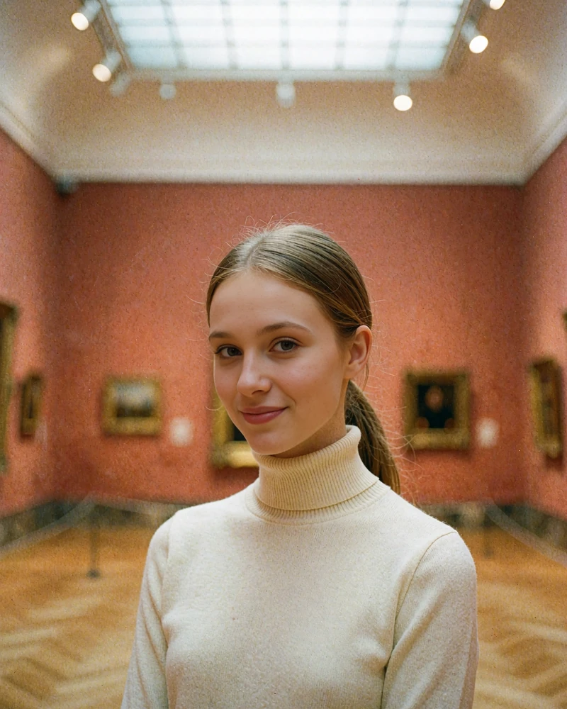 Verified Russian member profile photo of a woman with a low ponytail in a cream turtleneck in a gallery hall