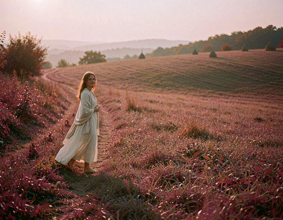 Young woman in a cream dress walking a grassy path through the Carpathian foothills at golden hour