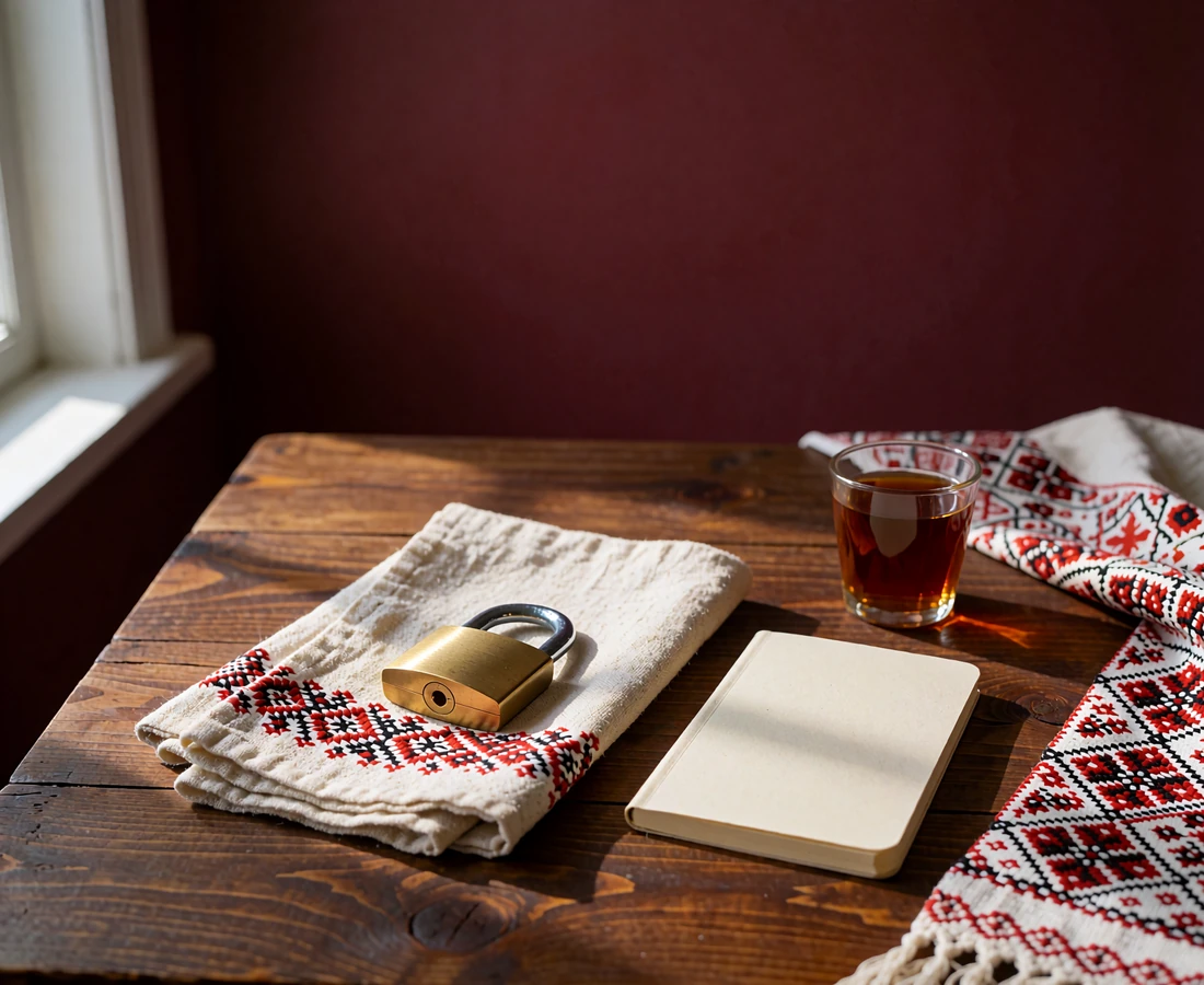 Closed brass padlock on an embroidered cream linen cloth beside a notebook, symbolizing account security and privacy