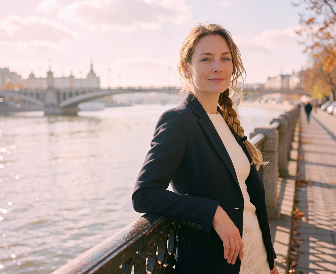 Slovak woman in a navy blazer leaning on a riverside railing in central Bratislava