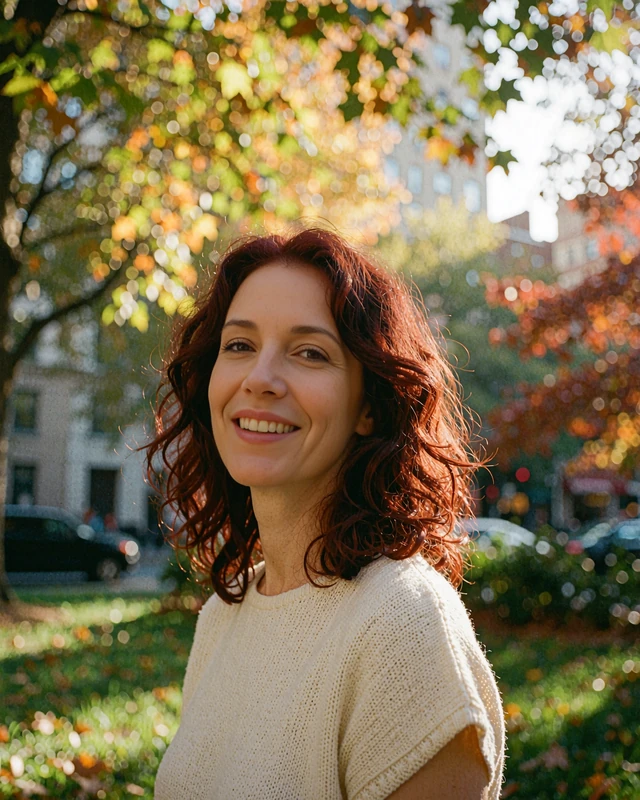 Verified member profile photo of an auburn-haired Romanian woman smiling in a sunlit city park