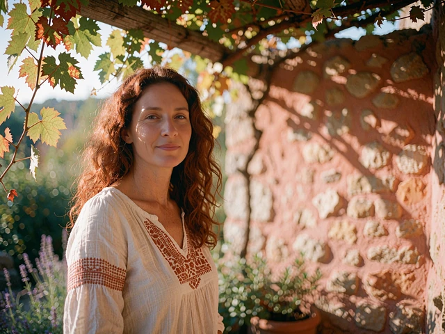 Woman in an embroidered white blouse standing in a sunlit stone courtyard under a grapevine pergola