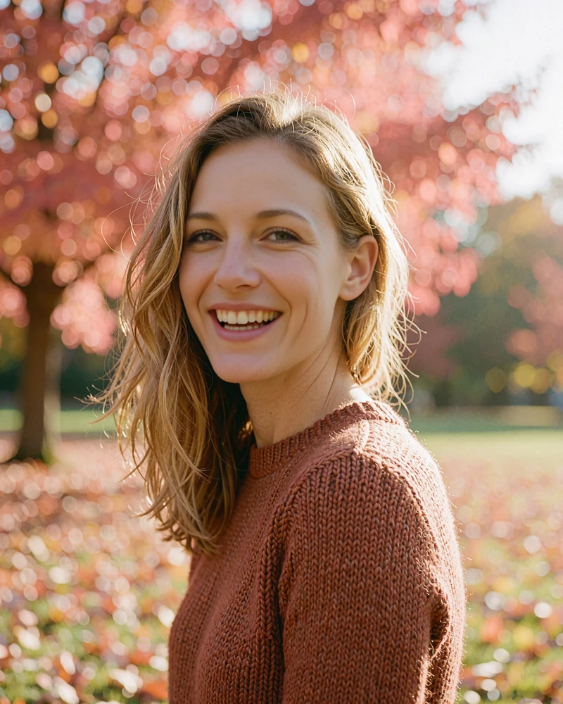 Verified Czech member profile photo of a honey-blonde woman in a rust knitted top laughing in a park