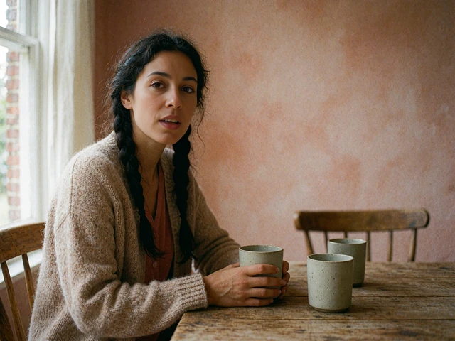Woman in an oatmeal cardigan seated at a wooden table with two cups of tea