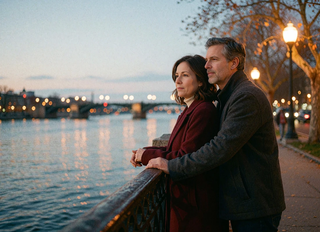 Couple in their late forties standing together at a river embankment railing in the evening light