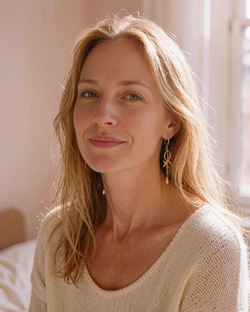Verified Belarusian member profile photo of a light-blonde woman in an ivory knit top with gold earrings