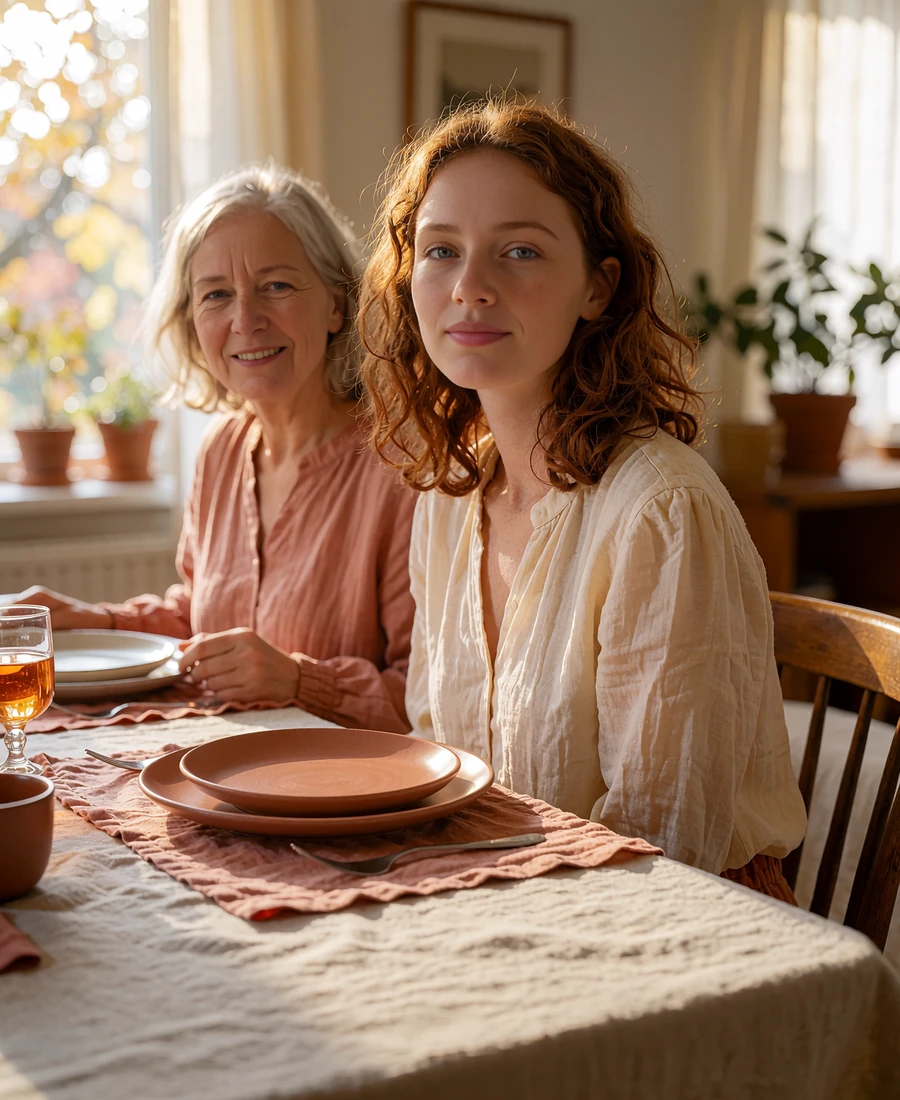 Young Hungarian woman with auburn hair smiling beside an older family member at a set dining table