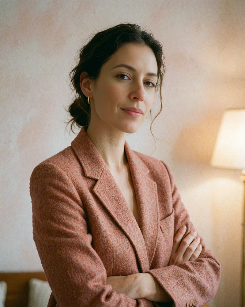 Verified Hungarian member profile photo of a brunette woman in a rust-toned blazer with a calm expression