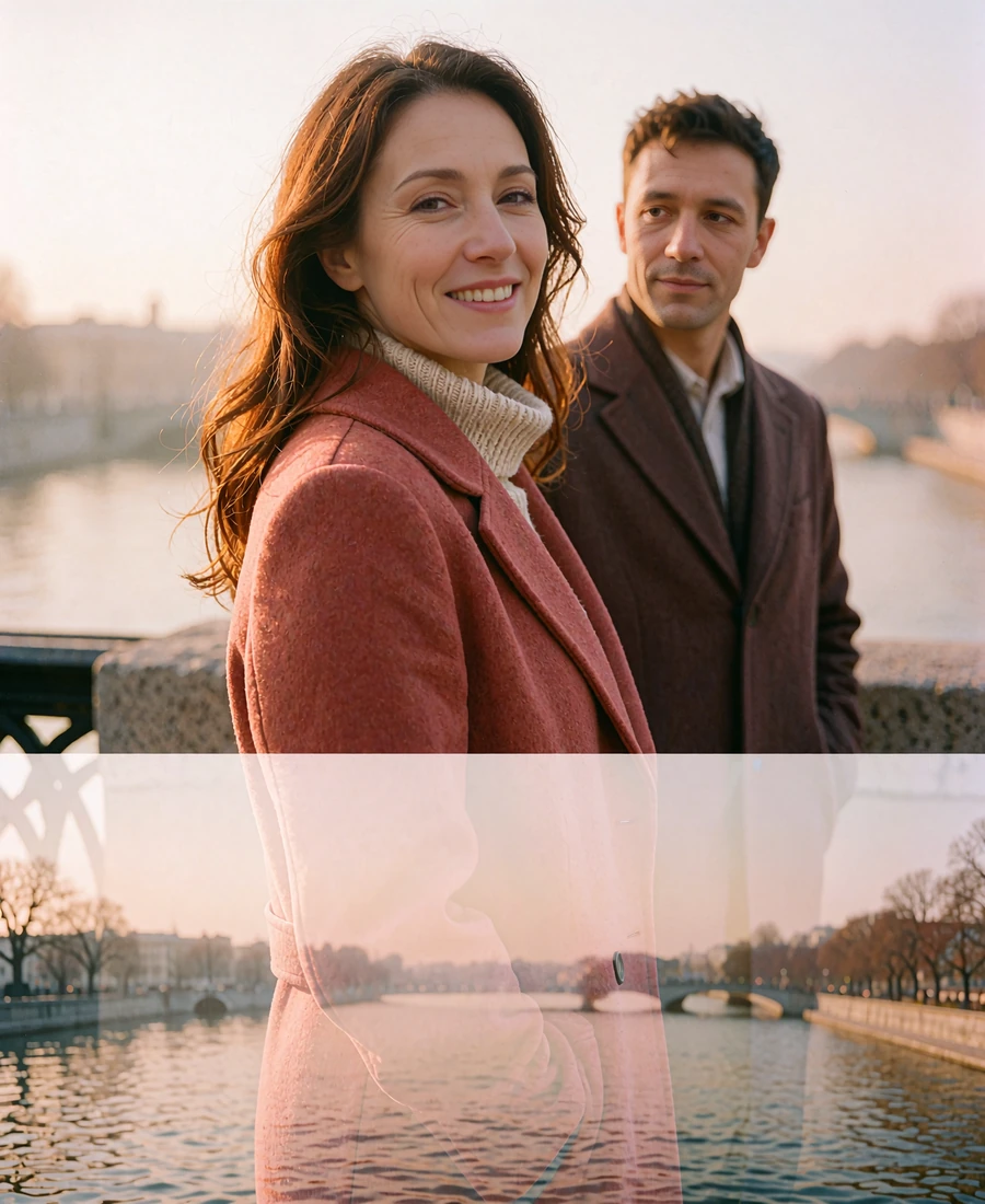 Couple standing together on a bridge walkway at golden hour, the woman smiling toward the camera