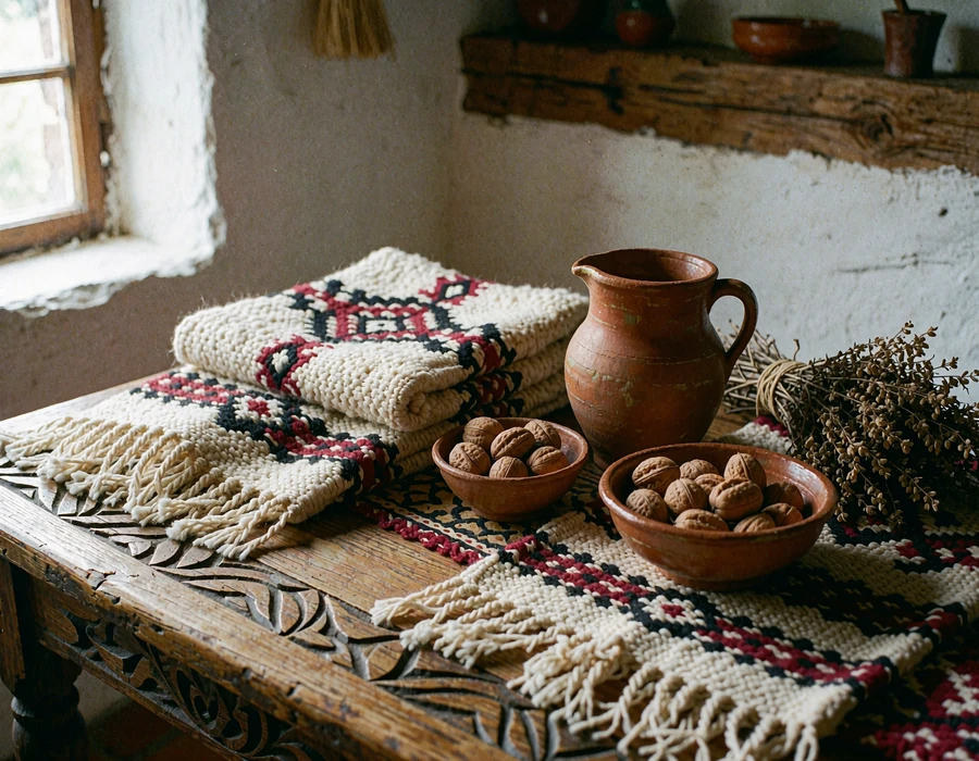 Hand-woven wool textiles with black and red geometric patterns beside a clay pitcher and walnuts on a rustic wooden table