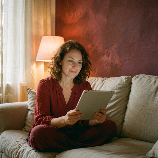 Woman in a red blouse listening attentively during an evening conversation at home