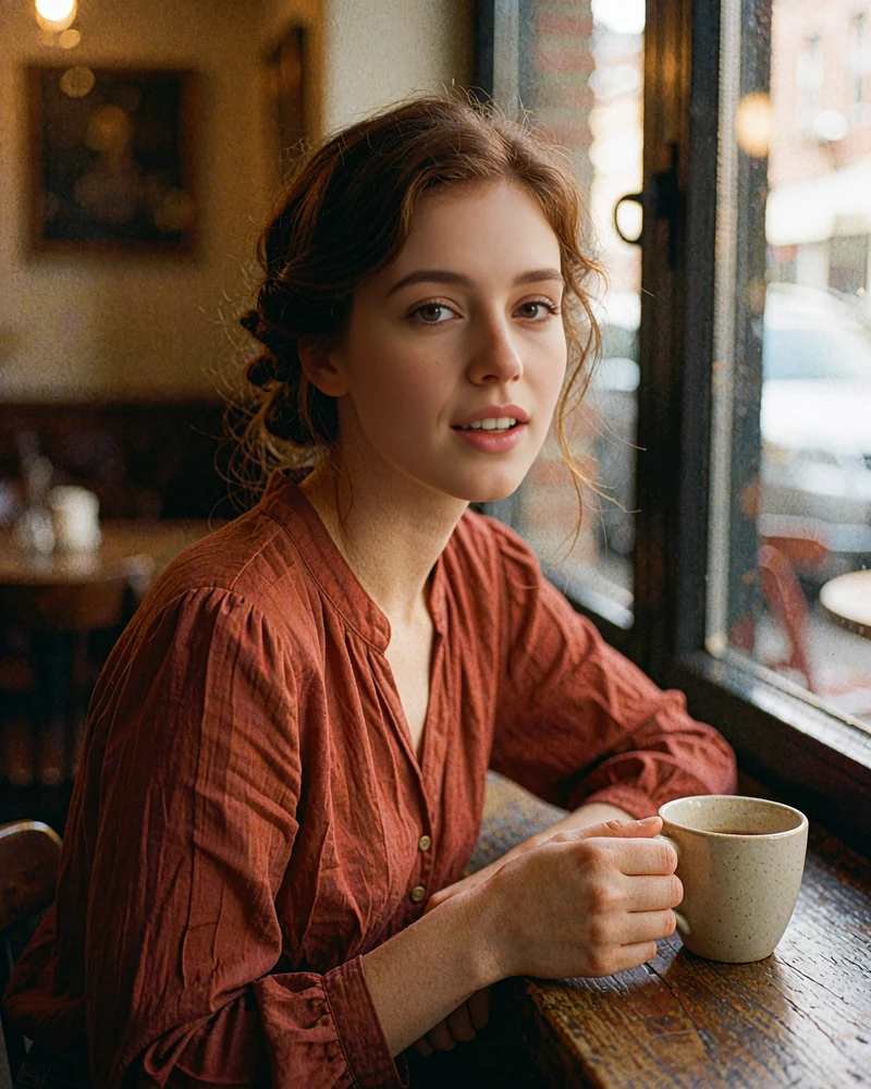 Verified Ukrainian member profile photo of a chestnut-haired woman seated beside a cafe window in a rust blouse