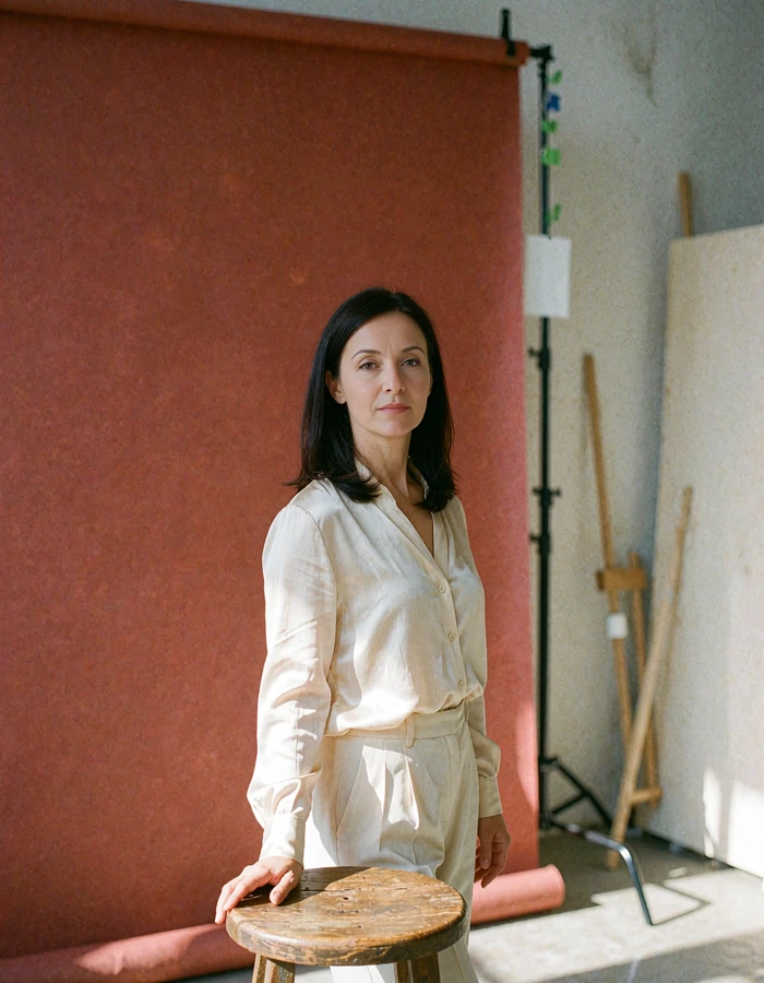 SlavicFlirt editorial team member standing in a small daylight photo studio corner