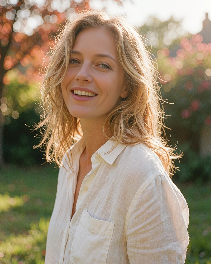 Verified Moldovan member profile photo of a wheat-blonde woman in a white linen shirt in a sunlit garden