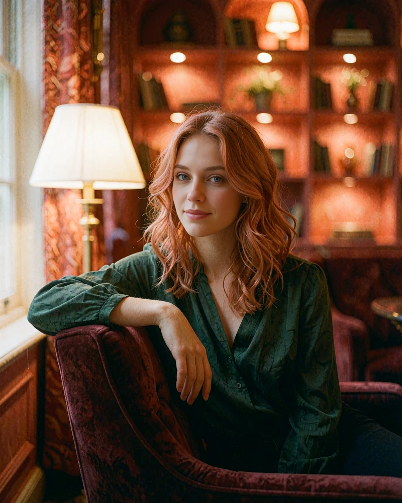 Verified Russian member profile photo of a copper-haired woman seated in an armchair in a warm reading corner