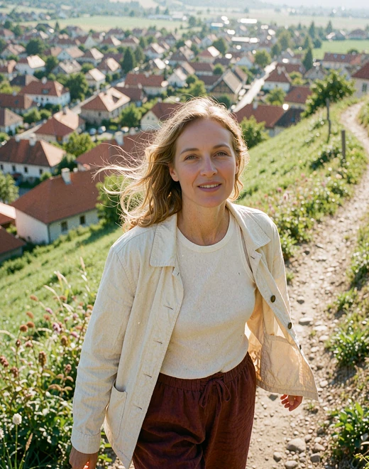 Slovak woman on a hillside path above a small town with red rooftops