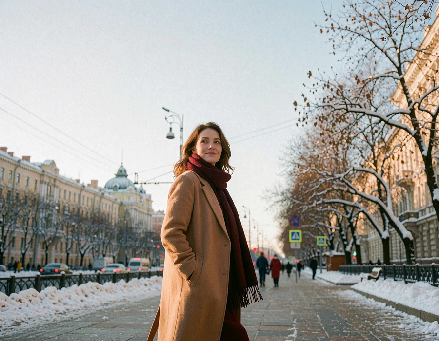 Russian woman in a camel coat and burgundy scarf walking along a snow-dusted city boulevard in winter