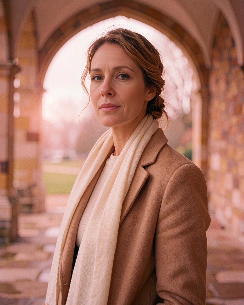 Verified Czech member profile photo of a dark-blonde woman in a camel coat by a stone archway