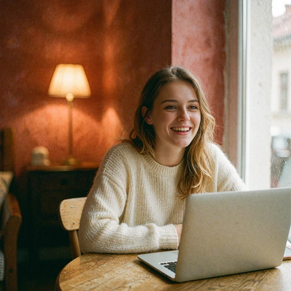 Woman in a cream knit sweater laughing during a relaxed evening video conversation at home