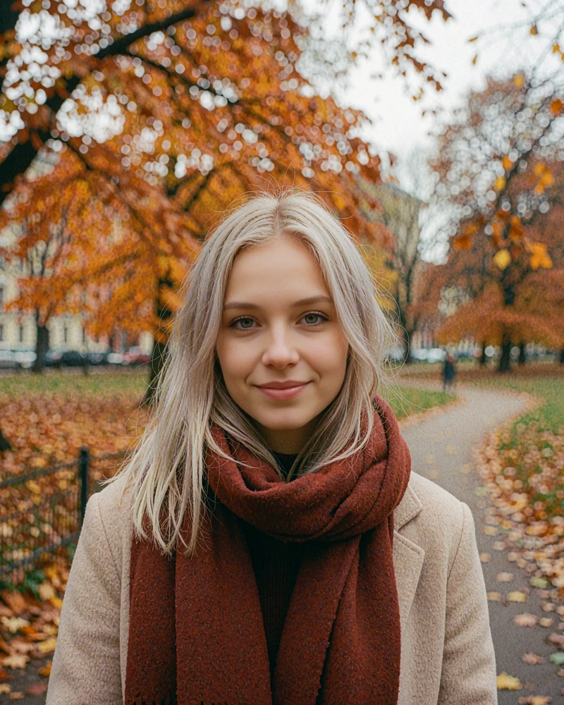 Verified Polish member profile photo of a woman with ash-blonde hair in a rust scarf standing in an autumn park