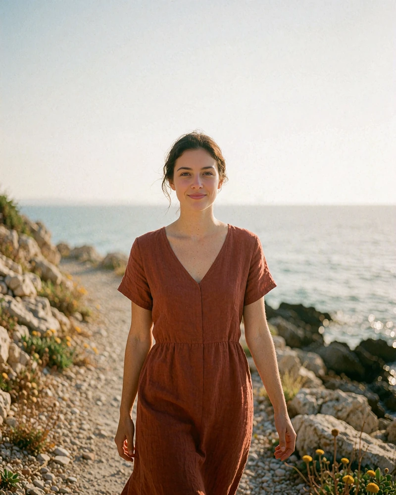 Verified Bulgarian member profile photo of a dark-haired woman in a rust linen dress on the Black Sea coast