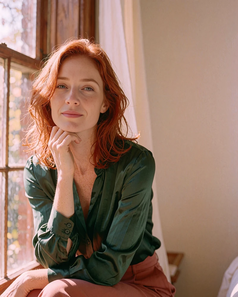 Verified Czech member profile photo of a copper-haired woman in a deep-green blouse by a window