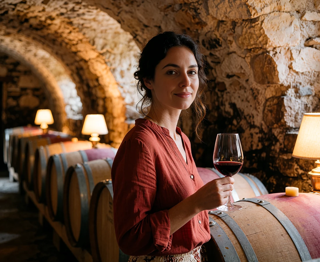 Moldovan woman in a rust-red blouse holding a glass of red wine in a stone wine cellar lined with oak barrels