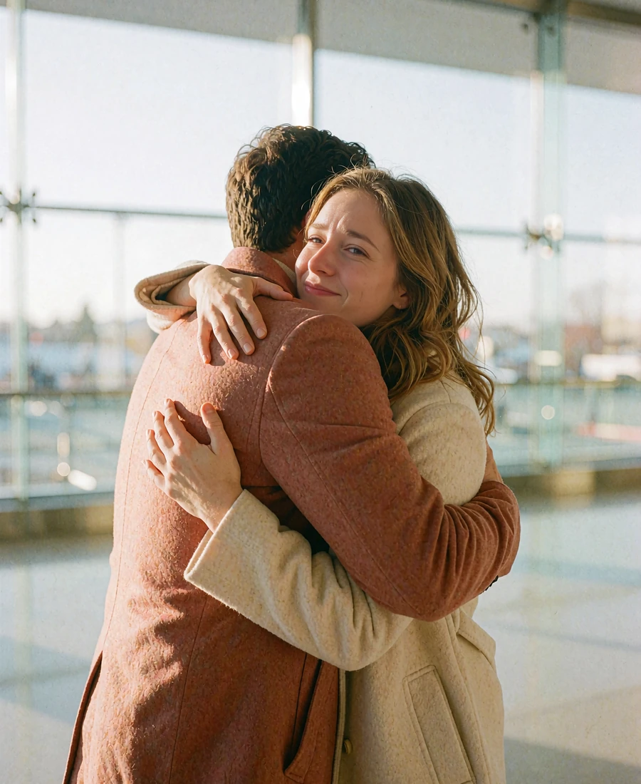 Couple embracing warmly in a bright airport arrivals hall after a long-distance reunion