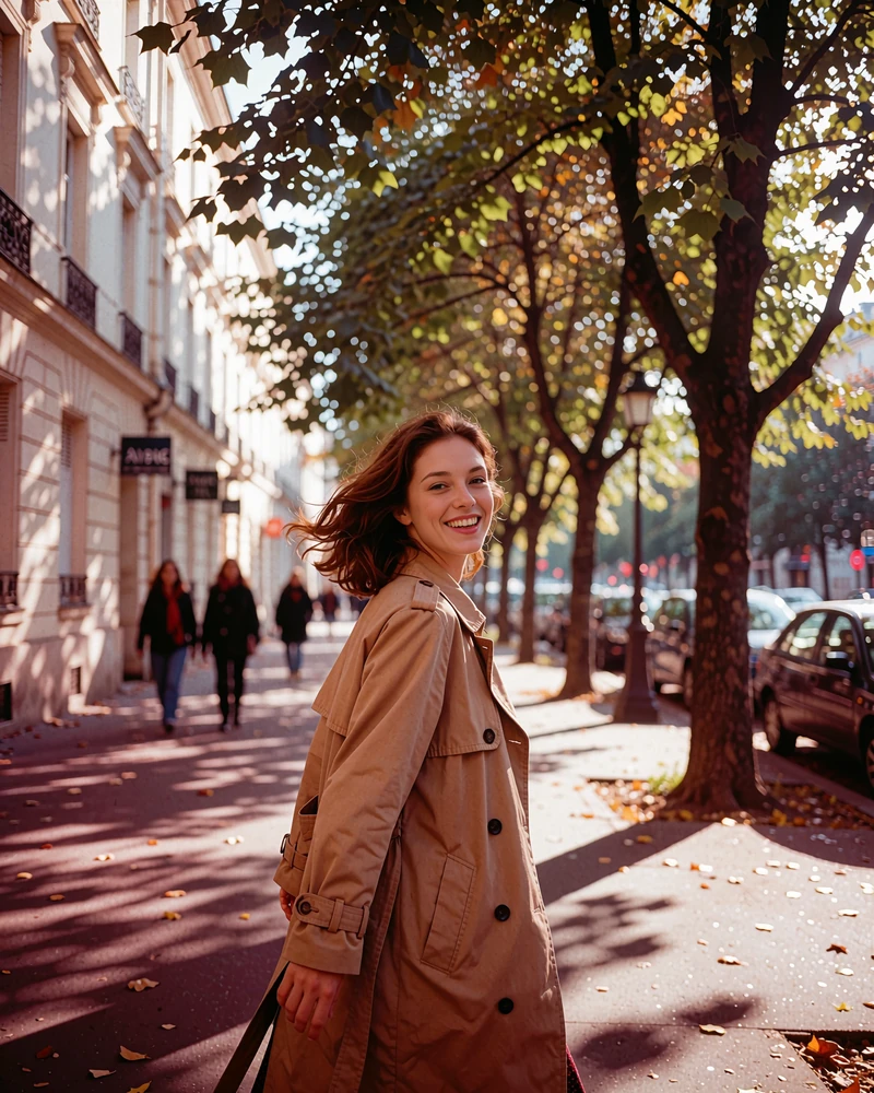 Verified Romanian member profile photo of a chestnut-haired woman in a tan trench coat walking a tree-lined boulevard