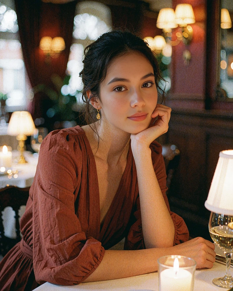 Verified Polish member profile photo of a woman in a terracotta dress at a candlelit restaurant table