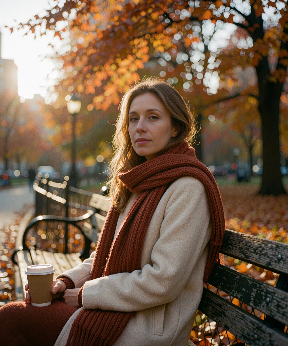 Woman in a rust knitted scarf sitting thoughtfully on a park bench during an autumn afternoon