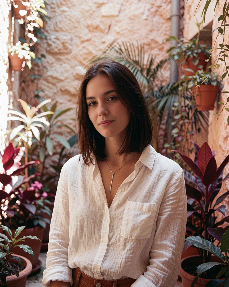 Verified Romanian member profile photo of a woman with straight brown hair in a white linen shirt in a plant-filled courtyard