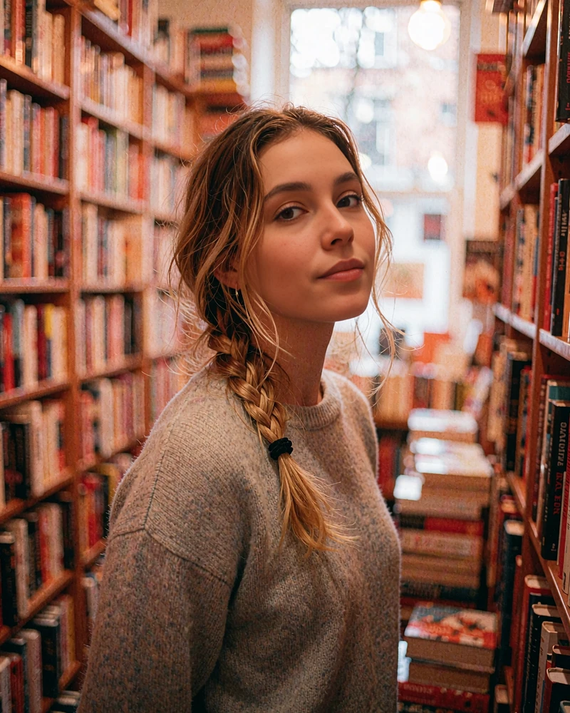 Verified Polish member profile photo of a woman with a loose braid browsing a warm-lit bookshop aisle