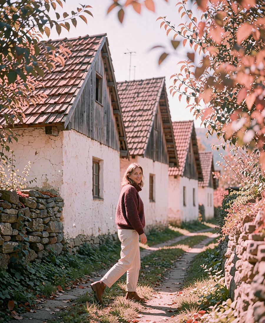 Slovak woman in a burgundy sweater walking past whitewashed village houses