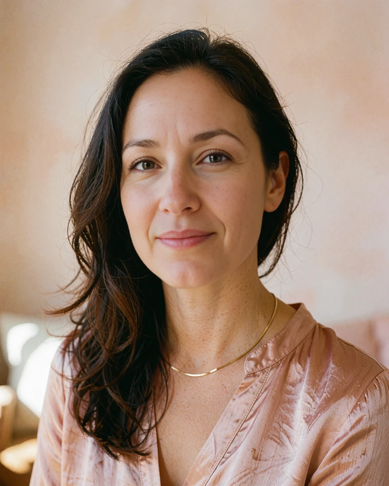 Verified Moldovan member profile photo of a dark-haired woman in a blush blouse with a slim gold necklace