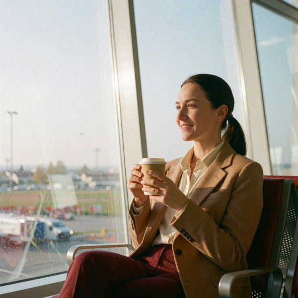 Woman in a camel blazer smiling in a quiet airport lounge chair during a morning layover